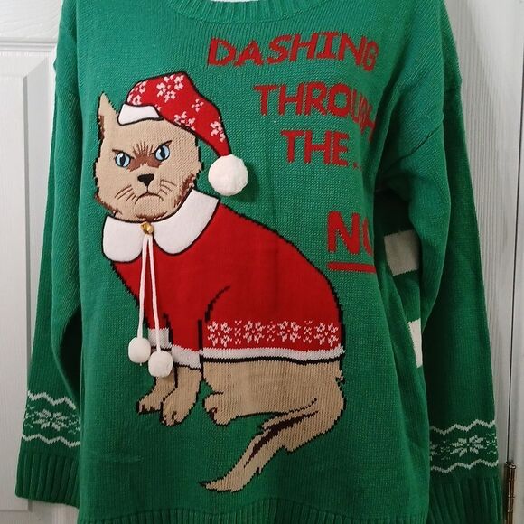 New Directions Ugly Sweater Cat Dashing through the NO holiday sweater Sz L NWOT - Picture 2 of 6